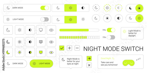 Y2k night mode switch ui set with light mode toggle interface elements and icons