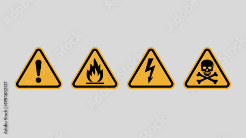 A series of bright yellow triangular warning signs depicting various hazards including exclamation fire electricity and skull crossbones high quality professional detailed modern elegant stylish clean
