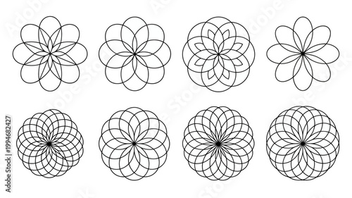 A series of eight symmetrical floral designs are displayed each created with concentric circles and curved lines on a white background high quality professional detailed modern