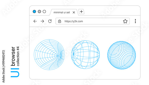 Y2k browser window with retro web interface and abstract globe wireframe elements