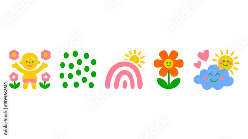 A cheerful row of cartoon illustrations depicts a girl rain rainbow flower and sun with smiling faces high quality professional detailed modern elegant stylish clean crisp