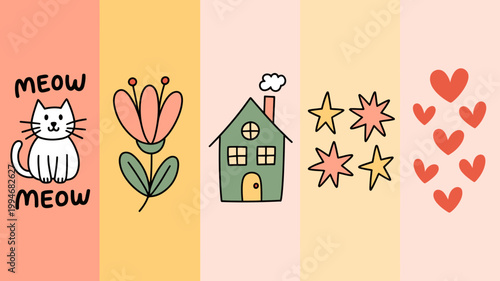 A colorful illustrated design features a cat flower house stars and hearts arranged in vertical panels with pastel backgrounds high quality professional detailed modern elegant stylish