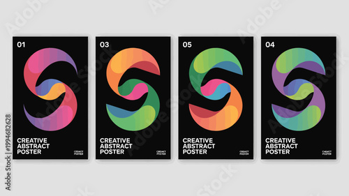A set of four modern art posters showcases swirling colorful semi circular designs against a dark black background conveying a dynamic energy high quality professional detailed