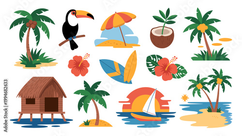 A colorful illustration depicts a tropical scene with a toucan palm trees beach elements and a charming island hut high quality professional detailed modern elegant stylish