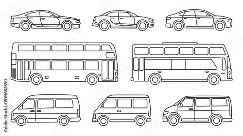 Fotografi A collection of linear vehicle outlines displays sedans buses and vans in a simp