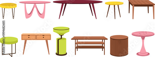 Coffee tables and side tables furniture collection with modern wooden and decorative table designs vector illustration set