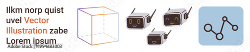 Technology, robotics, communication, artificial intelligence, data sharing, connectivity. Minimalist cube, robotic faces and connected nodes on a blue square. Robotics and communication illustrated