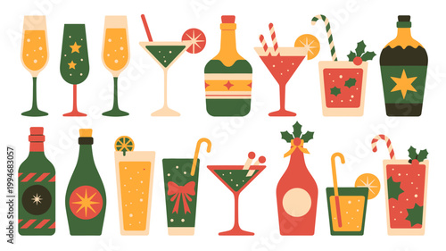 A colorful collection of festive alcoholic and non alcoholic drinks is displayed including champagne flutes cocktails and bottled beverages high quality professional detailed modern elegant stylish