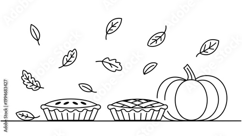 A simple black and white illustration depicts two pies and a pumpkin surrounded by falling leaves creating an autumnal scene high quality professional detailed modern elegant