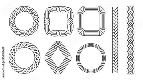A collection of black and white line art illustrations depicting various woven and braided shapes including circles squares and diamonds high quality professional detailed modern elegant