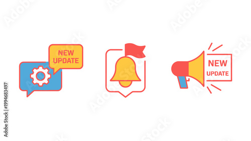 A set of colorful icons representing new updates including a speech bubble a bell and a megaphone high quality professional detailed modern elegant stylish clean crisp