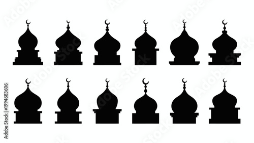 A collection of twelve black silhouettes showcases various islamic mosque dome and minaret designs arranged in a grid pattern high quality professional detailed modern elegant stylish