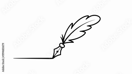 A simple black and white line drawing depicts a classic quill pen with a pointed nib suggesting writing calligraphy or historical themes high quality professional detailed