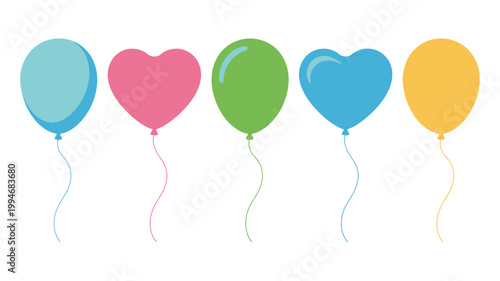 A colorful arrangement of five inflated balloons floats against a plain white background showcasing various shapes and hues high quality professional detailed modern elegant stylish clean