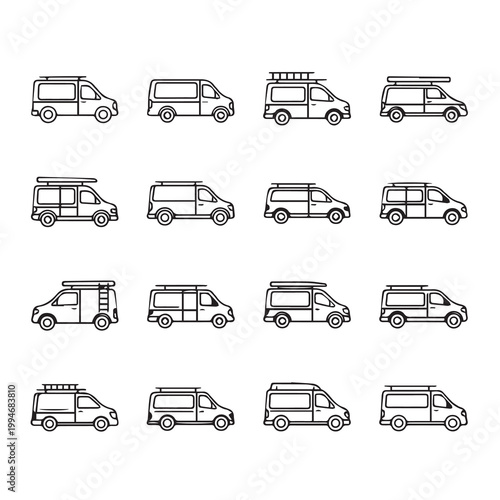 Collection of camper van icons with roof racks and various window configurations