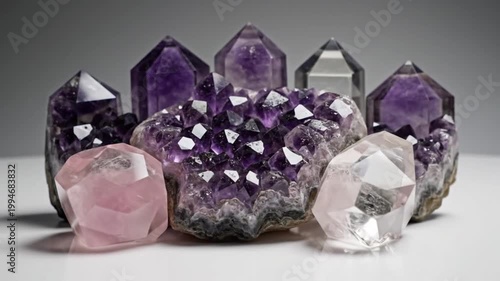 Collection of amethyst and quartz crystals on a white surface with gray