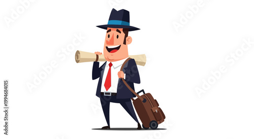 Happy businessman with a suitcase and scroll, ready for travel.