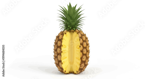 A half pineapple, displaying its juicy yellow flesh and green crown.
