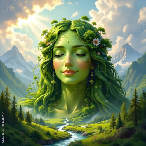 Mother earth in a state of serene repose, with her face seamlessly blending into a majestic mountain landscape