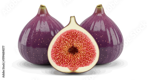 Fresh purple figs and a ripe halved fig isolated on white background