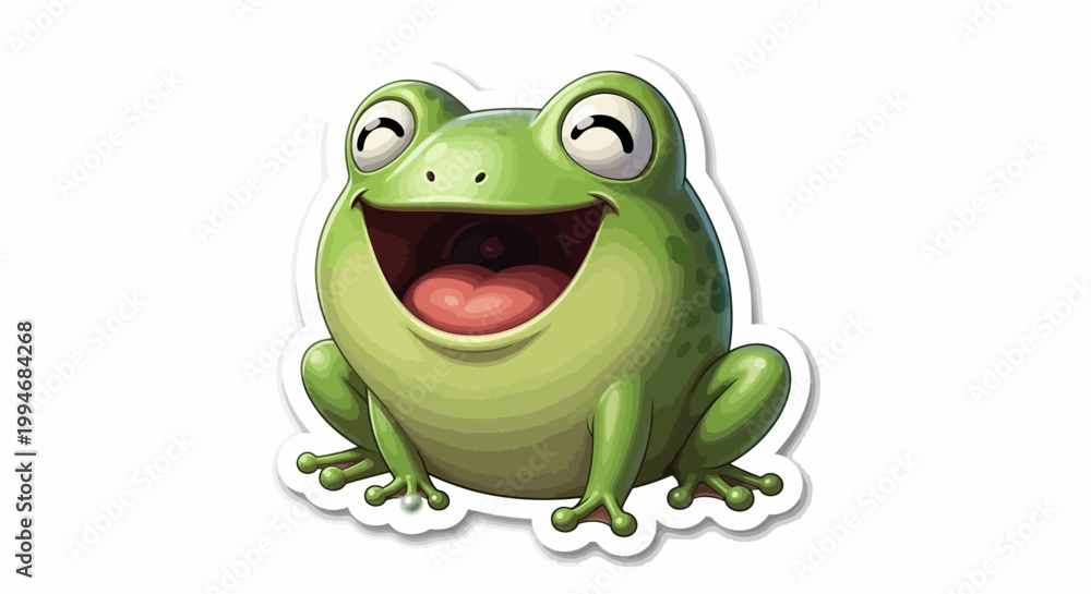 Fototapeta premium Happy cartoon frog with a wide smile and big eyes, isolated on white.