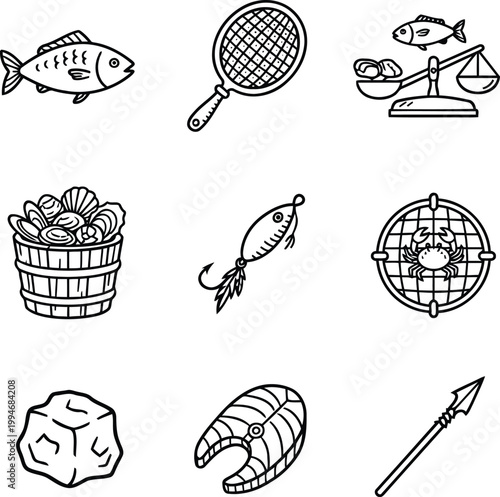 Premium Seafood Market and Fishing Tools Line Icon Set Featuring Fresh Fish Shellfish Basket Lure Net Salmon Cut and Harpoon Collection