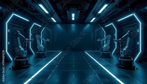Futuristic ai automation concept with robotic arms in a dark blue neon lit industrial room with metallic floor and walls