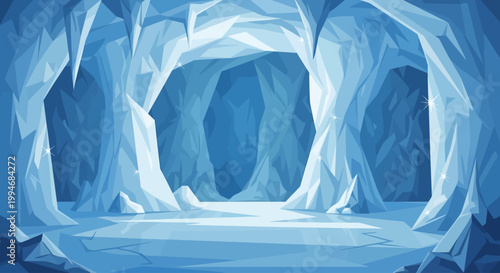 Vector illustration of a blue frozen ice cave with sparkling stalactites.