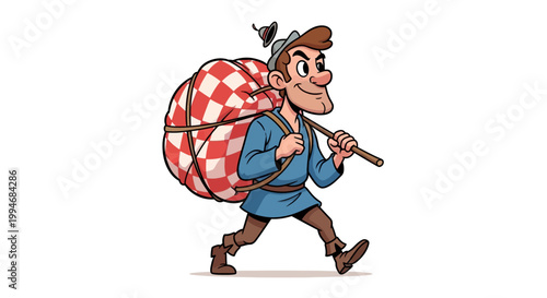 Cartoon traveler man walking with a large red and white checkered bundle on a stick.