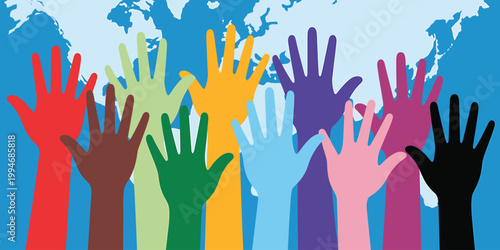 Diverse hands of various colors raised in unity against a world map background representing global cooperation