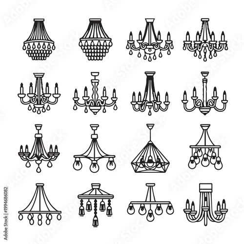 Collection of diverse chandelier icons in a clean line art style for interior design inspiration