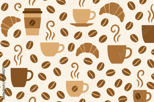 Coffee café drinks vector seamless pattern including cups croissants beans and curls.
