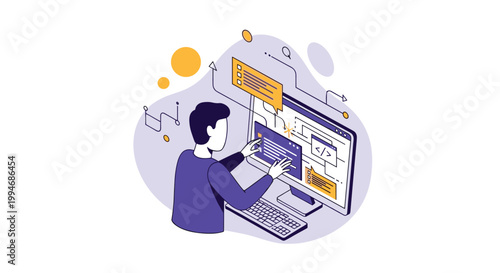 Isometric illustration of a developer interacting with user interface elements and code on a computer screen for software development