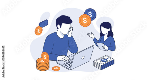 Isometric illustration of a man stressed about finances at a laptop while a woman consults with him, surrounded by money icons