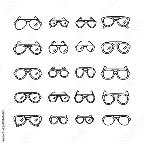 Collection of diverse eyeglasses styles in a clean line art presentation