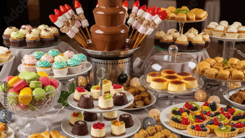 Abundant Dessert Buffet With Chocolate Fondue Station