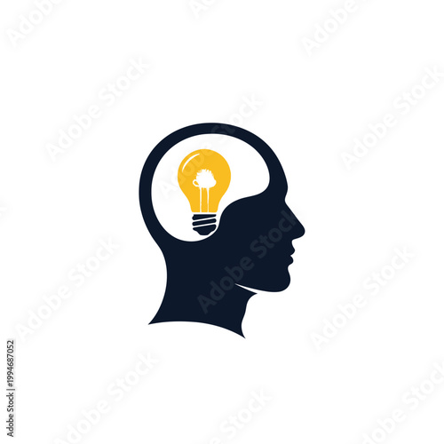 Black silhouette head with yellow lightbulb.