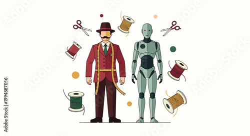 A human tailor in a suit and a humanoid robot stand together, surrounded by floating scissors and spools of thread on a white background.