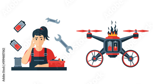 A frustrated female technician is surrounded by tools and low battery icons next to a separate image of a burning quadcopter drone.