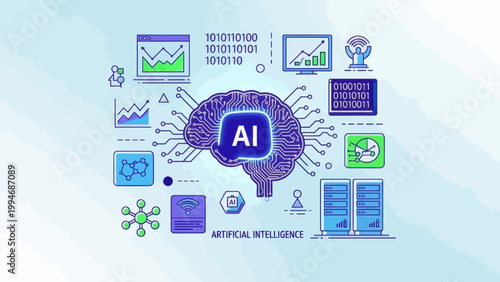 AI Brain Technology Concept with Data and Network Icons