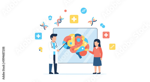 A doctor in a lab coat explains the human brain on a digital screen to a female patient with various medical icons in the background.