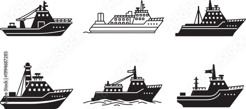 Six black and white illustrations of various ships are displayed. The ships include cargo ships, freighters, and tugboats.