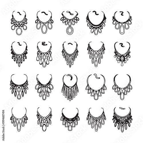 Collection of diverse necklaces with intricate designs and dangling stones in a clean graphic style