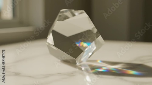 Close-up of a faceted crystal prism on a white marble surface casting a colorful spectrum with soft focus background.