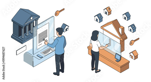 An isometric illustration shows a man signing a digital mortgage online and a woman browsing for a new house on a futuristic screen.