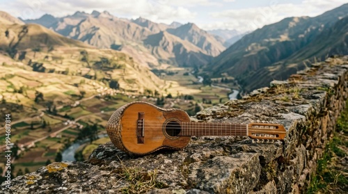 Andean landscape with a charango, a traditional stringed instrument.