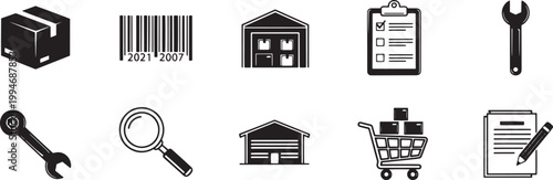 A black and white illustration features a collection of icons representing logistics and supply chain management.