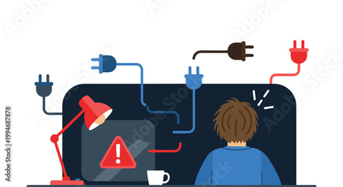 A person sits in front of a computer with a warning error message, surrounded by a messy tangle of unplugged electrical cords and plugs.