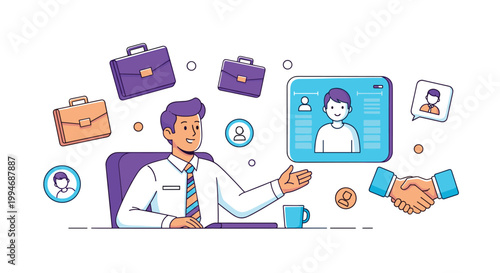 A human resources manager sits at a desk and presents a candidate's digital profile for a job interview and recruitment process.