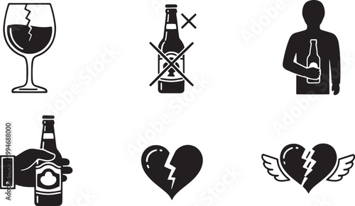 A black and white graphic illustration depicts various symbols related to alcohol consumption and its potential negative consequences.